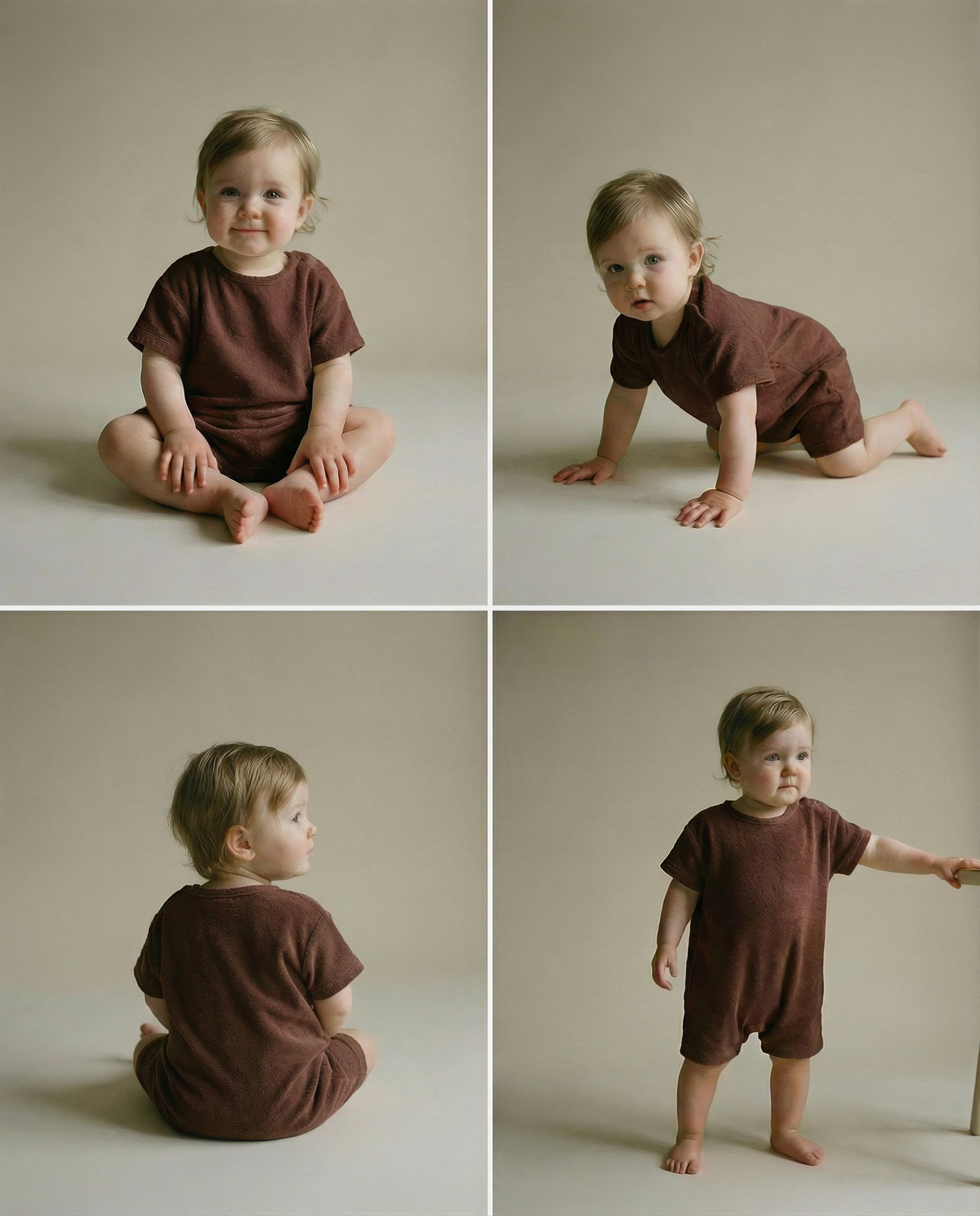 Tiny Terry relaxed terry romper collage of a baby/toddler in a brown outfit sitting, crawling, and standing on a neutral background