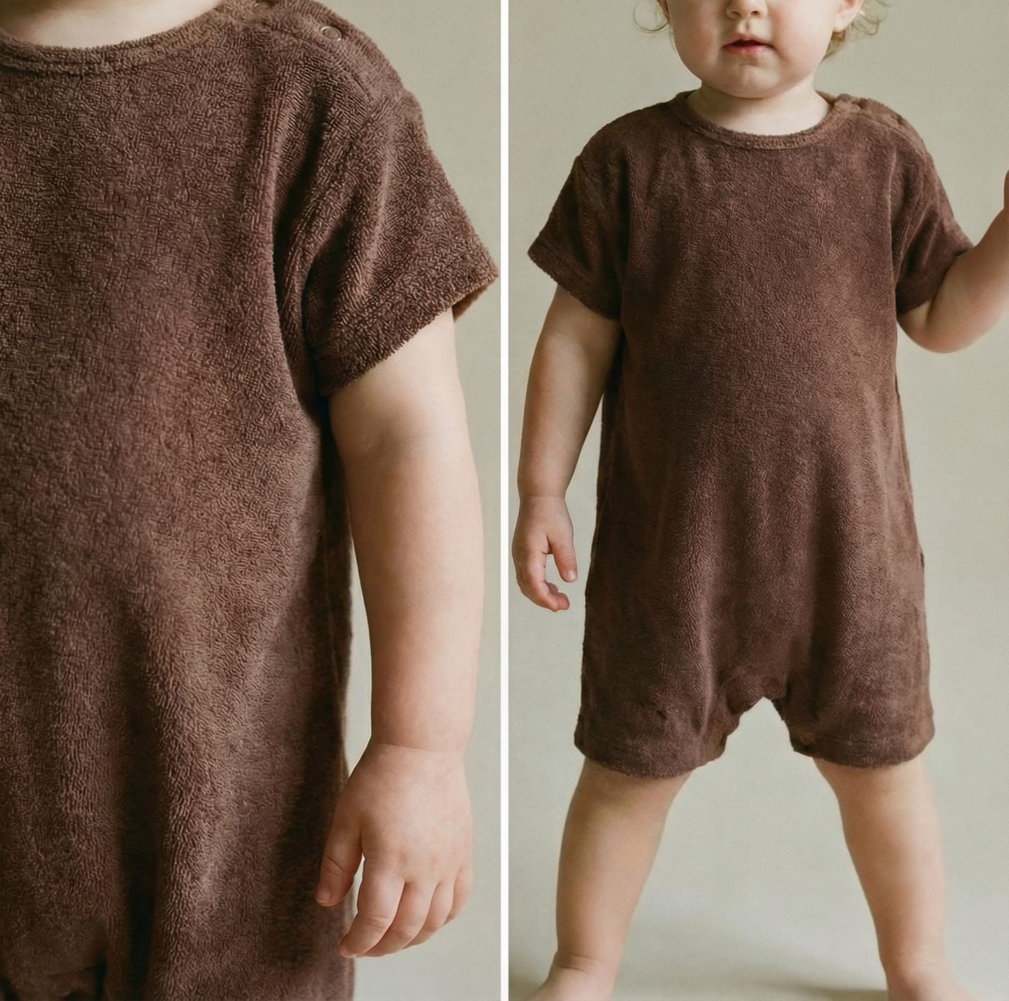 Tiny Terry relaxed terry romper in brown colour worn by a baby standing showing romper details and fabric