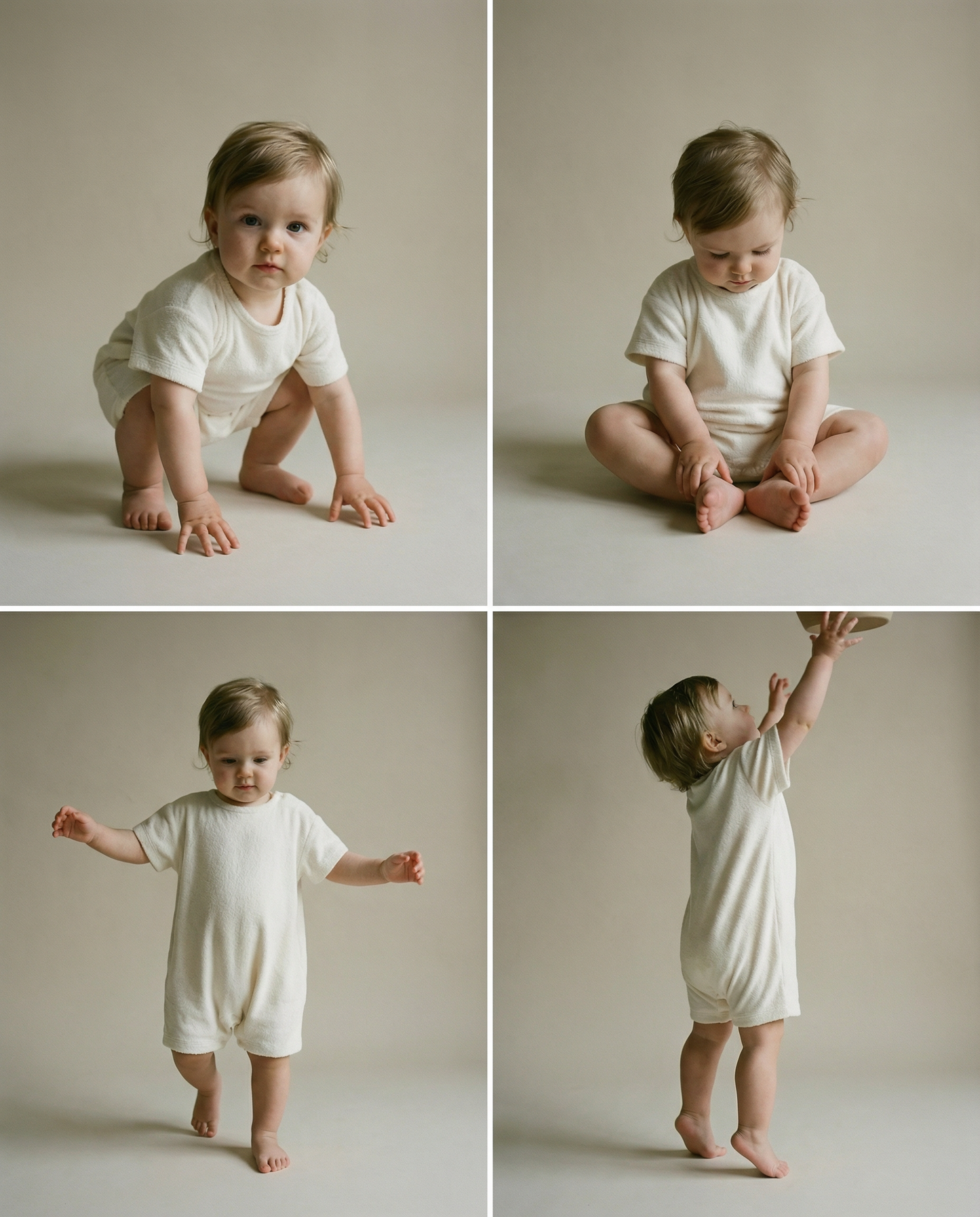 Tiny Terry relaxed terry romper worn by baby in four different ways; squatting, sitting, standing and reaching high