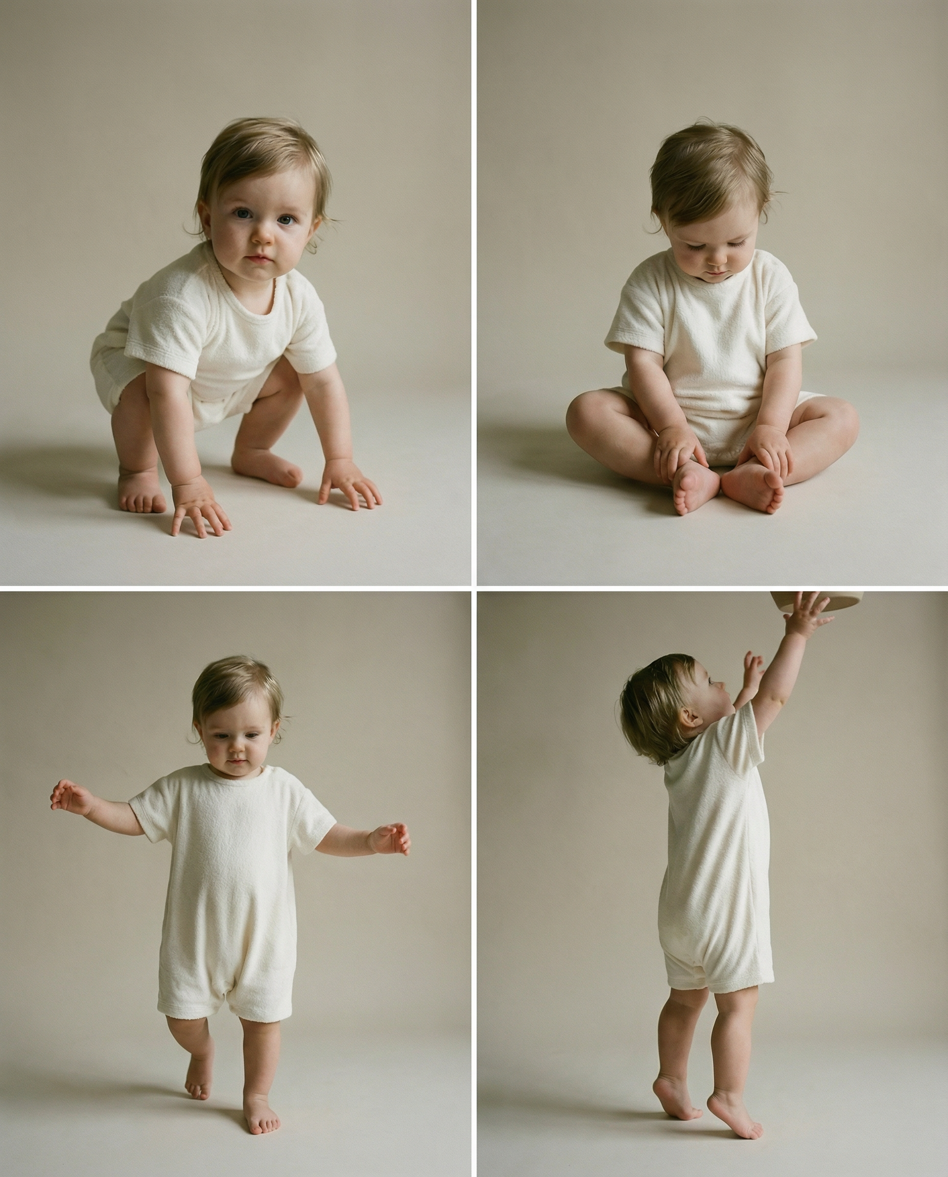 Tiny Terry relaxed terry romper worn by baby in four different ways; squatting, sitting, standing and reaching high