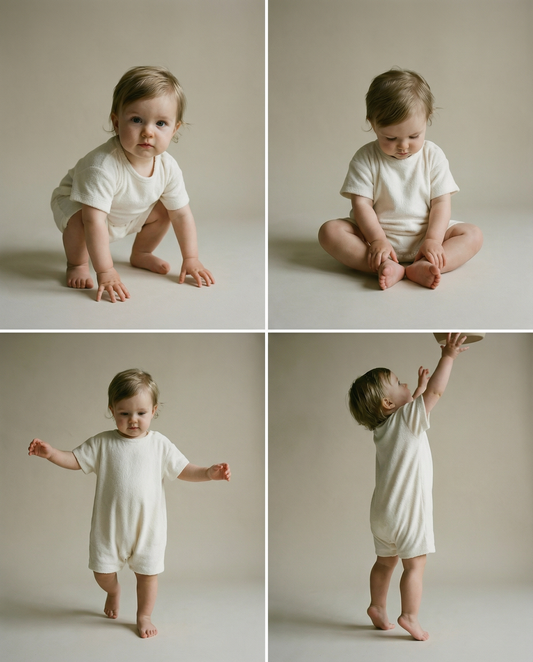 Tiny Terry relaxed terry romper worn by baby in four different ways; squatting, sitting, standing and reaching high