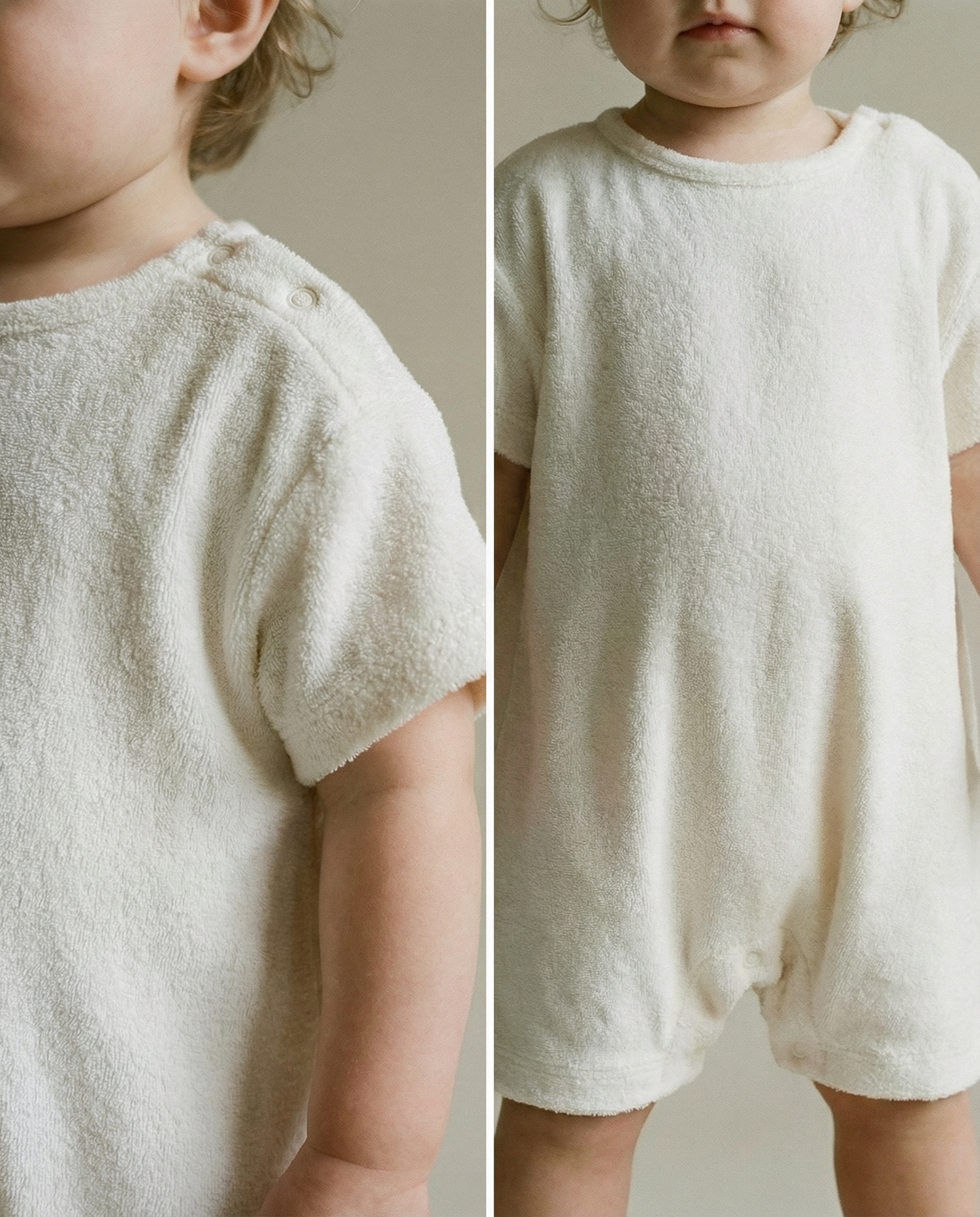 Tiny Terry relaxed terry romper showing relaxed fit and breathable terry fabric and snap details