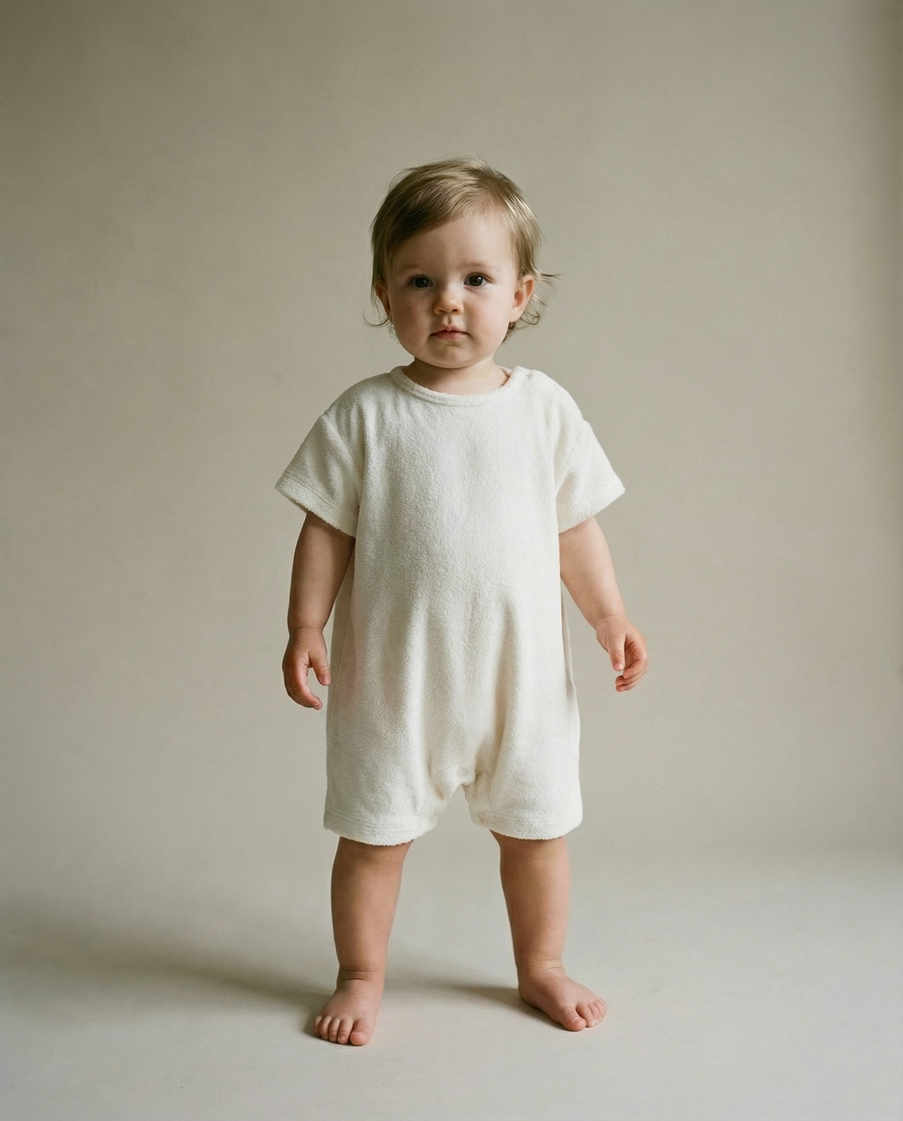 Tiny Terry relaxed terry romper worn by standing baby front view showing relaxed fit